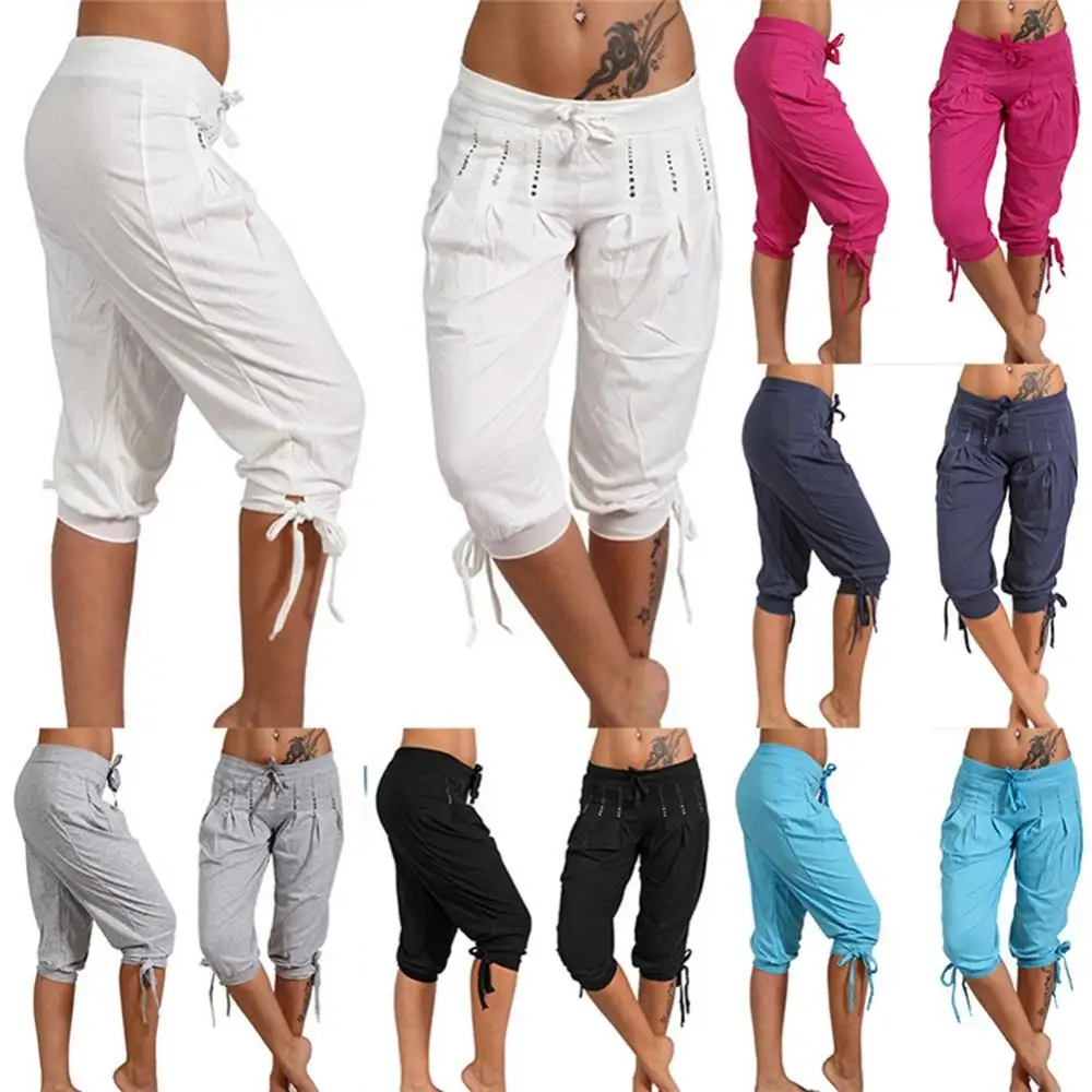 

Women Casual Pants Drawstring Solid Color New Plus Size Women's Sequined Pleated Capri