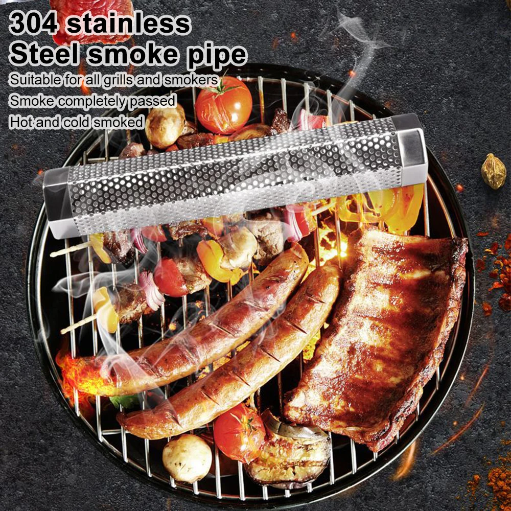 Round BBQ Grill Stainless Steel Smoked Mesh Tube Generator Pellet Smoker Filter Tool Outdoor Barbecue Cold Cigarette Case