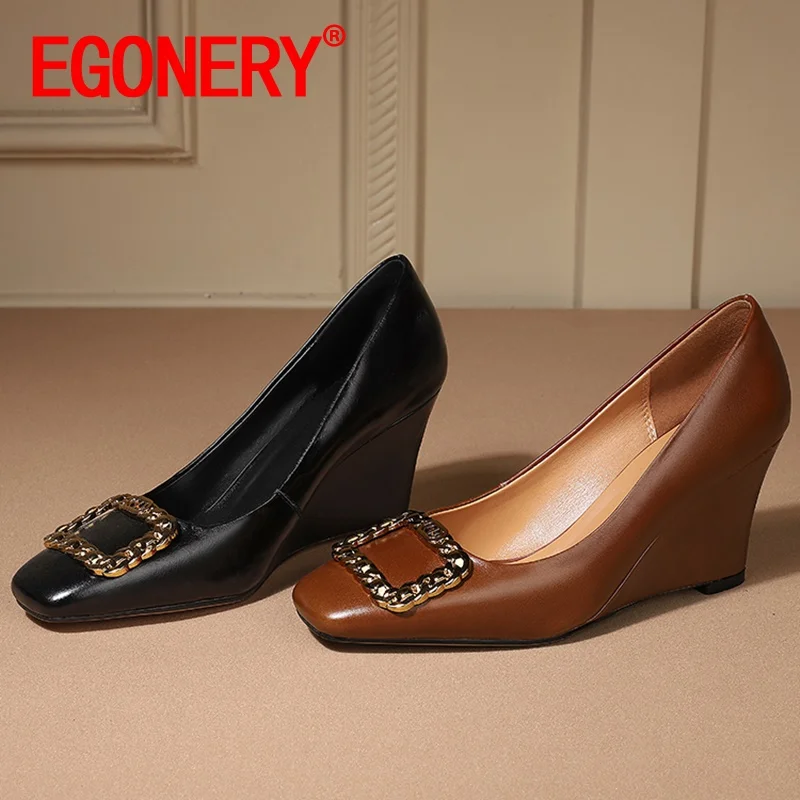 

EGONERY new pattern spring slope heel genuine leather fashion square toe women shoes metal decoration solid color office lady