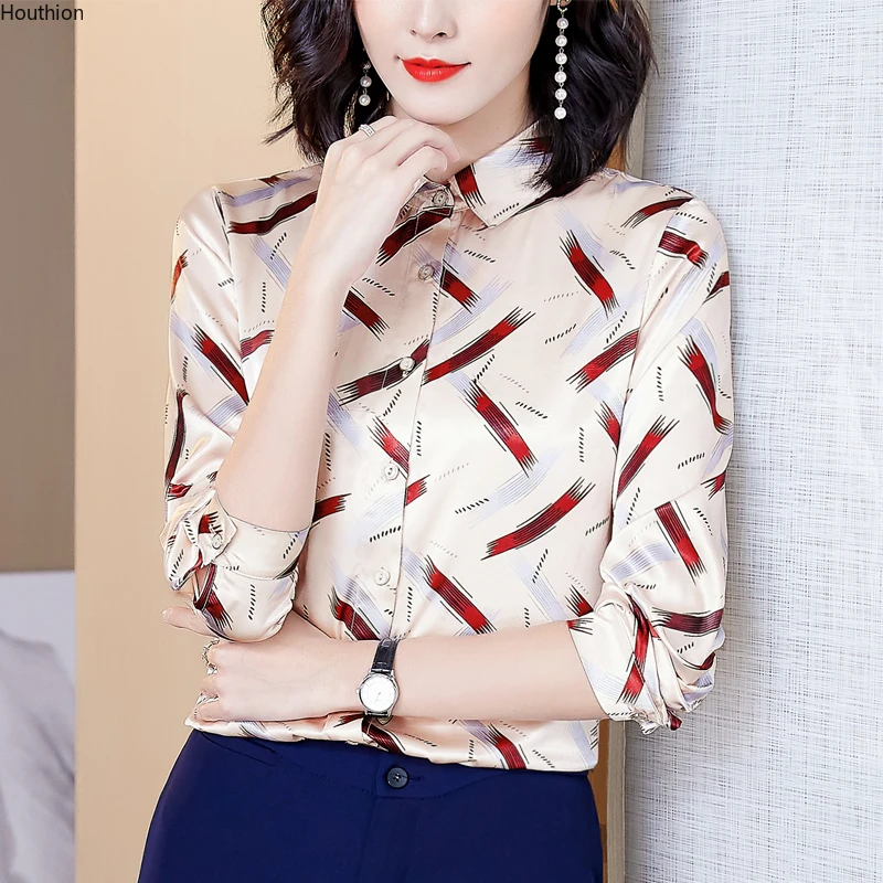 

Houthion New Long-sleeved Women's Blouse Polo Collar Silk Print Comfortable Fashion Tops Casual Summer Shirt Office Lady Blusas