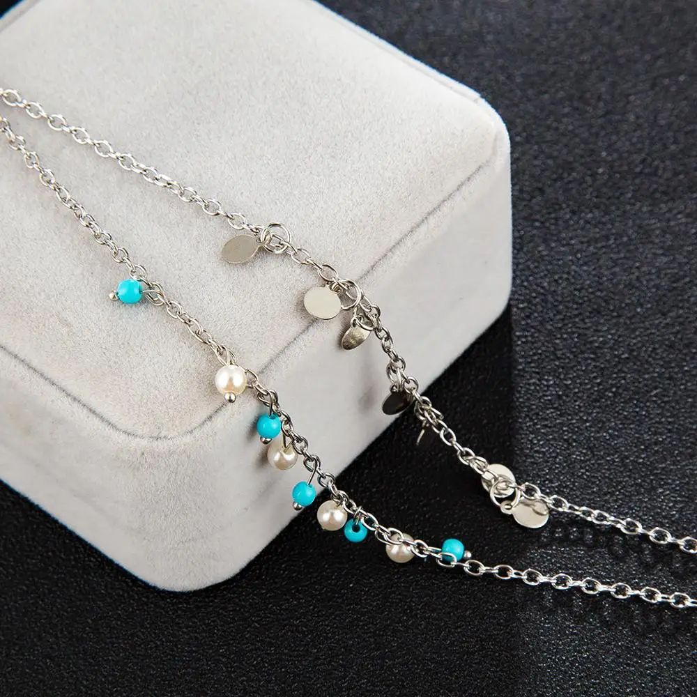 Винтажный Античный Серебристый браслет на ногу женский 2 слоя блестки