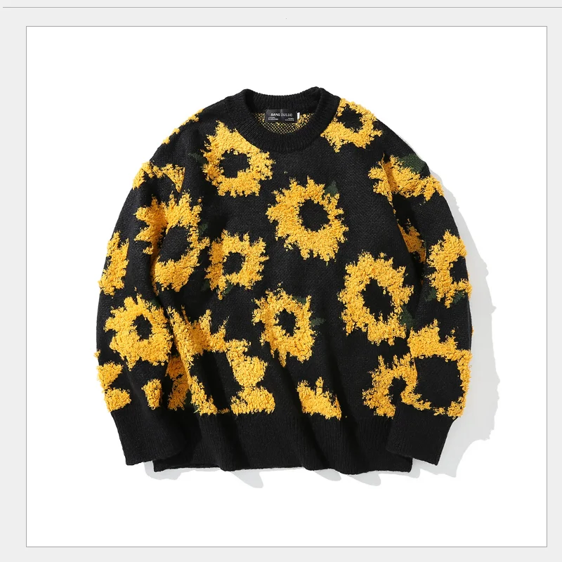 

Street fashion brand couple sweater fresh embroidery flowers long sleeve loose round neck men's sweater casual