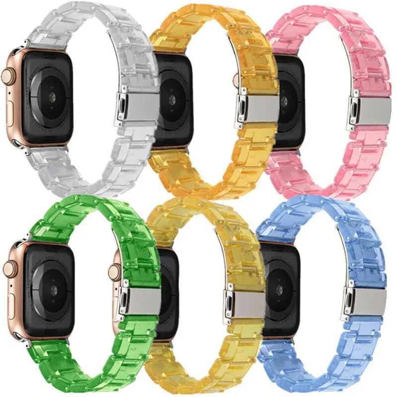 

Fashion Clear Tortoise Shell Resin Band Strap For Apple Watch Series 7 6 5 4 3 2 Stainless Steel Buckle Bracelet
