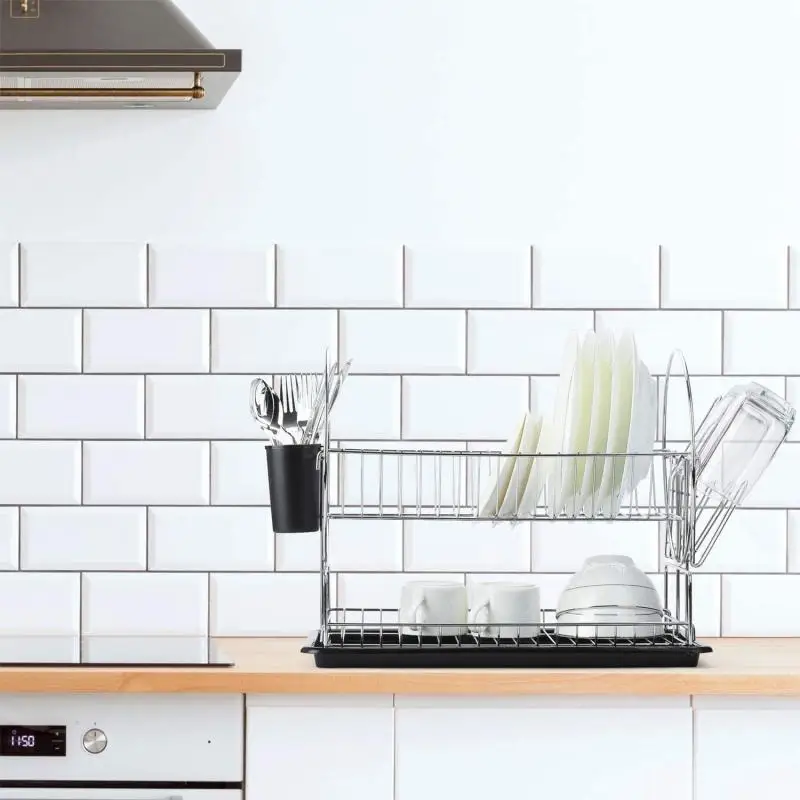 

42*24*36cm Double-layer Kitchen Dish Bowl Draining Storage Rack with Chopstick Cage Household Tableware Organizer HWC