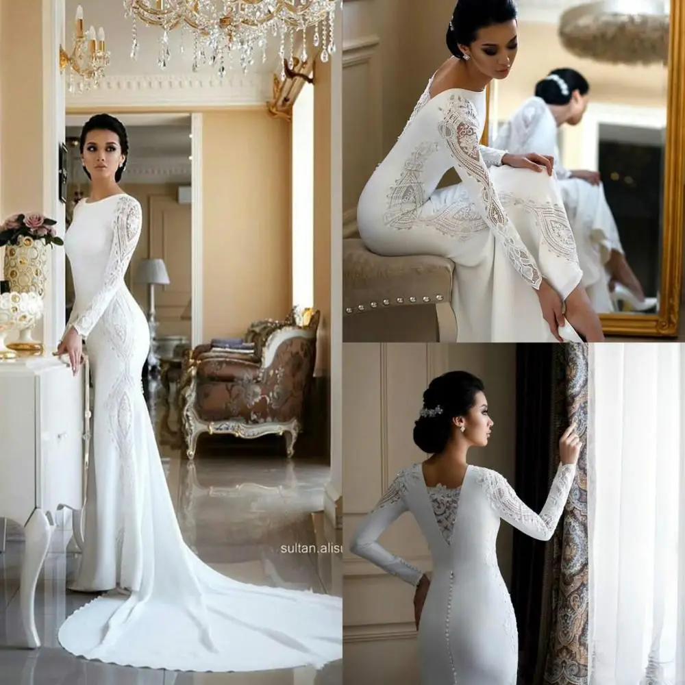 

Романтические свадебные платья с юбкой-годе, кружевные свадебные платья с длинными рукавами и аппликацией в стиле бохо со шлейфом, свадебны...