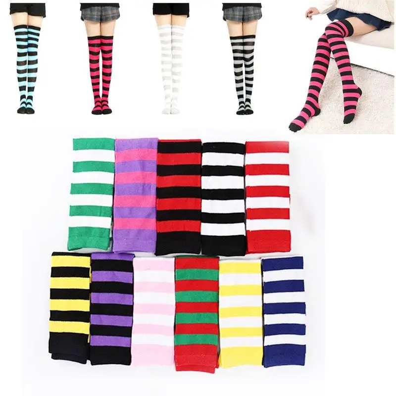 

Rainbow Knee Stockings for Womens Sox sexy Thigh high long Stocking Stripe plus size RedBlack compression Girls winter Women