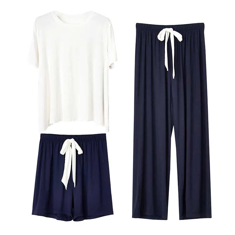 

Women 3Pcs Solid Color Pajamas Set Comfort Loose Sleepwear Comfort Loose Modal Cotton Homewear Summer New O-Collar Casual Wear