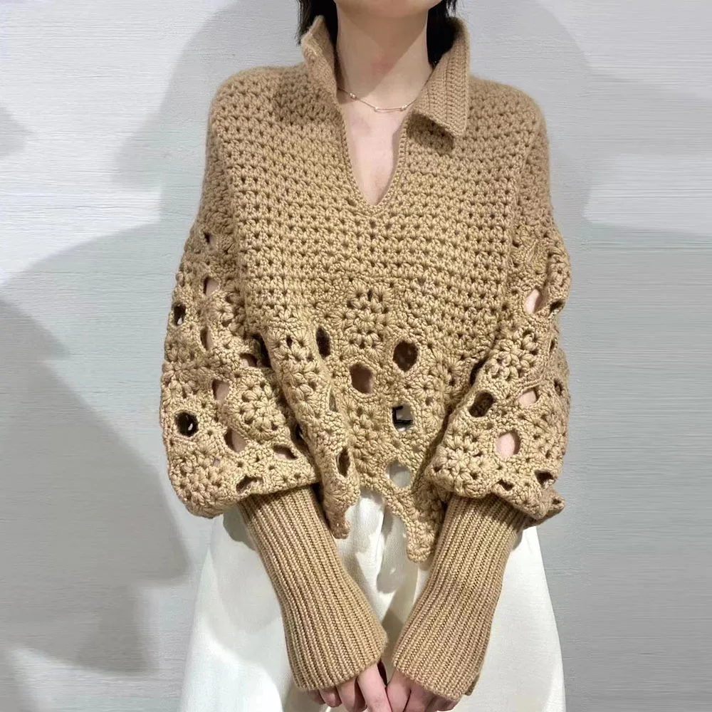

Chic Sweater Hollow Out Women Short Style Heavy Industry High-end Good-looking Design Female Sweet Tops Knitwear Sweaters