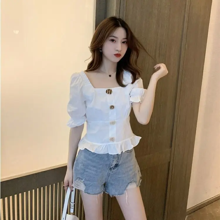 

Summer New Korean Style Avocado Green Square Collar Puff Sleeve Single Breasted High Waist All-match Shirt Retro Shirt