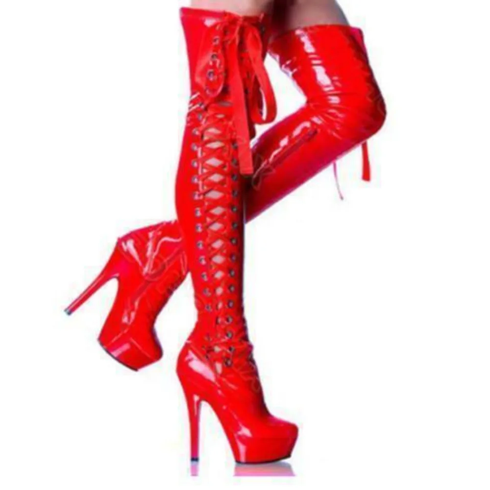 Women Christmas Red Round-toe Platform High-heeled Stiletto Over-the-knee Boots Side Lace-up Hollow Black Stretch Female | Обувь