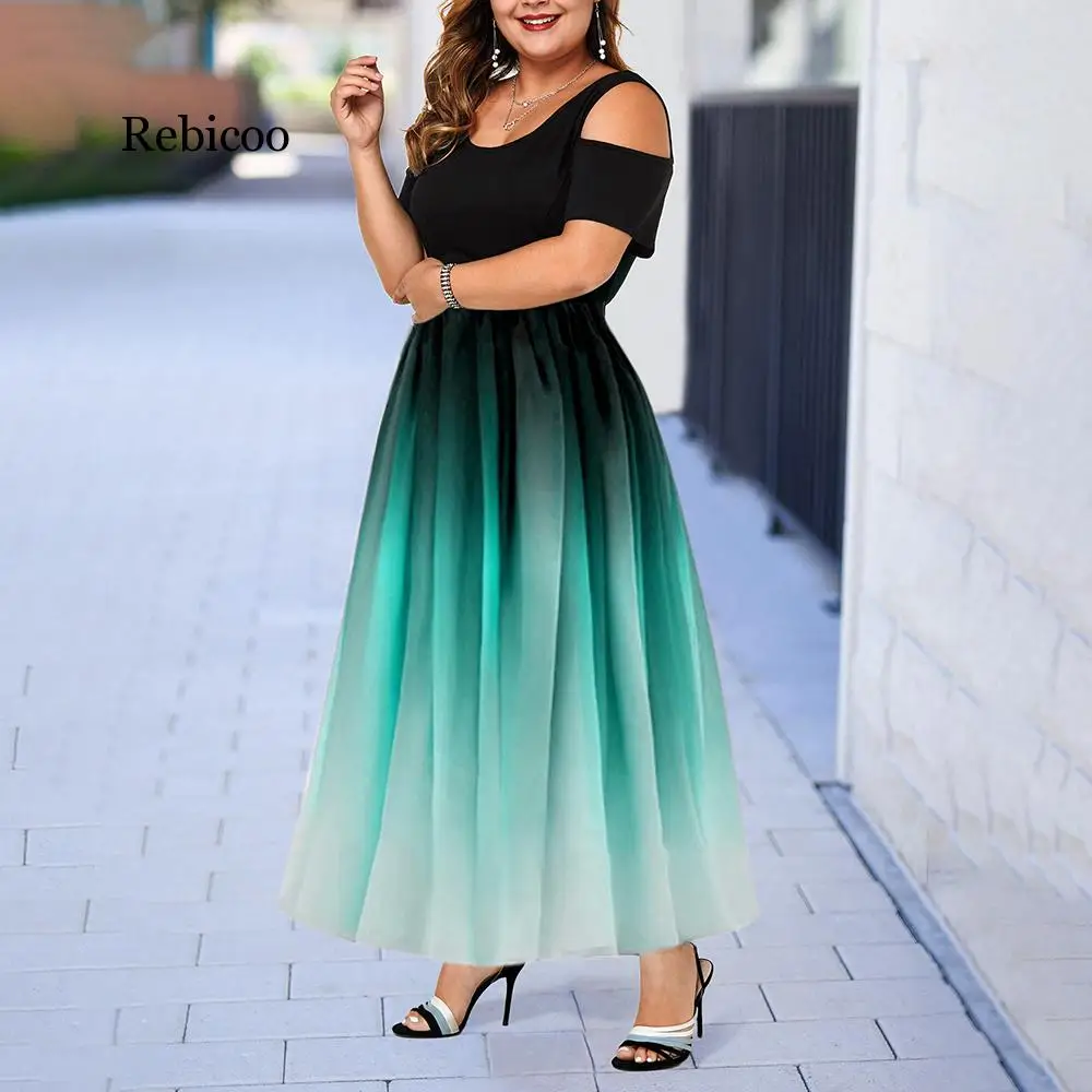

Women Dress Summer Plus Size Hollow Gradient Floor Length Maxi Dress Women Vintage Bohemian Dress Elegant Ladies vestido 6XL