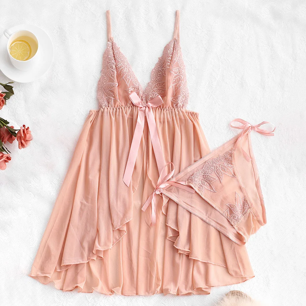ZAFUL сетка лист вышитые нижнее белье с бантами Babydoll для женщин Спагетти ремень