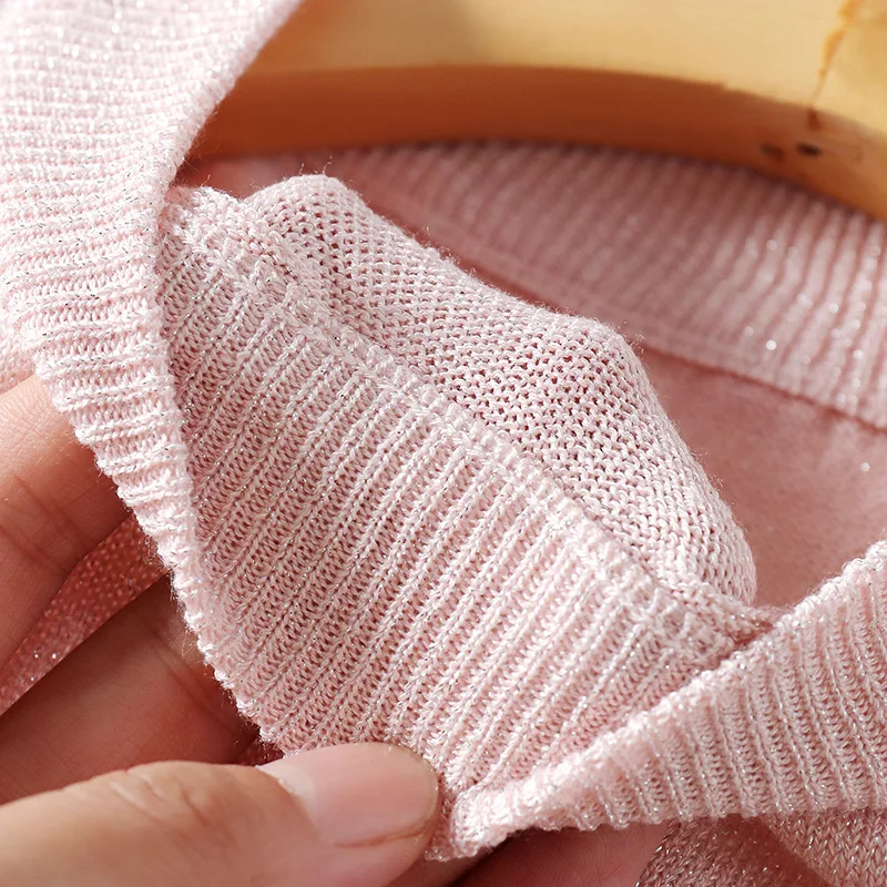 Новинка блестящий вязаный тонкий пуловер с люрексом Женский свитер круглым