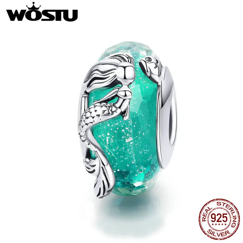 WOSTU, 925 пробы, серебро, Русалочка, муранское стекло, бусины, Зеленый Кристалл, подходят к оригинальному браслету, аксессуары, сделай сам, амулеты, ювелирное изделие CQC1154