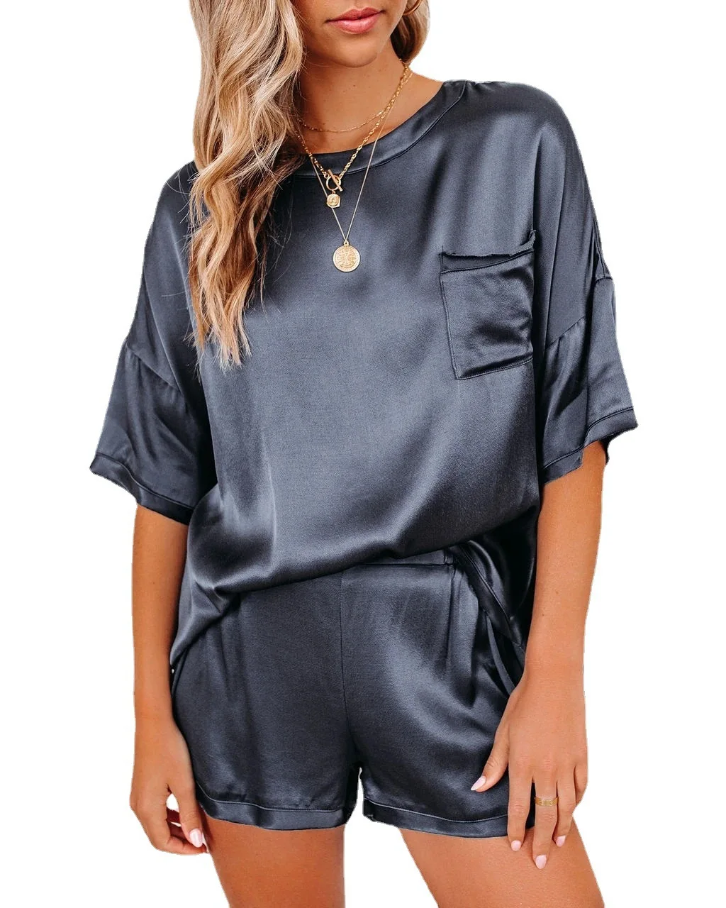 

2021 Spring and Summer New Satin Pajamas Solid Color Round Neck Short-Sleeved Shorts Irregular Two-piece Set Nightwear