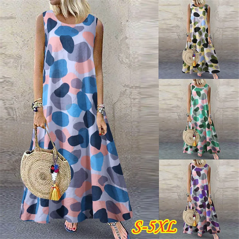 

Sleeveless Maxi Dresses For Women 2021 Summer Casual Clothes Long Print Robe Femme Chic Oversize A Line Vestido Manga Larga Jurk