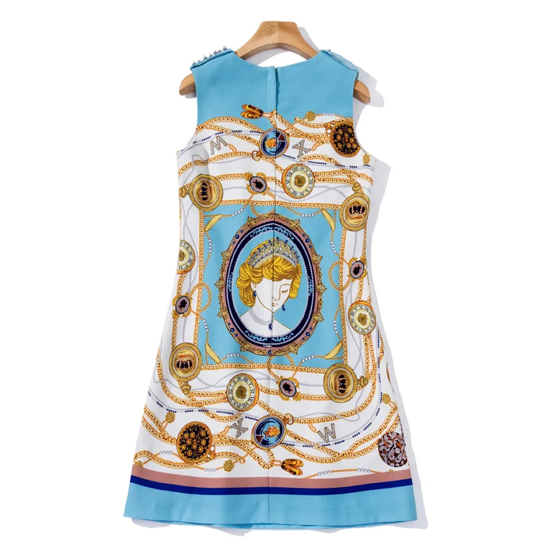 

DIDABOLE Summer High Quality Gorgeous Diamond Pearl Decoration Mini Dress New Women'S Printing Patchwork Fashion Vest Dress