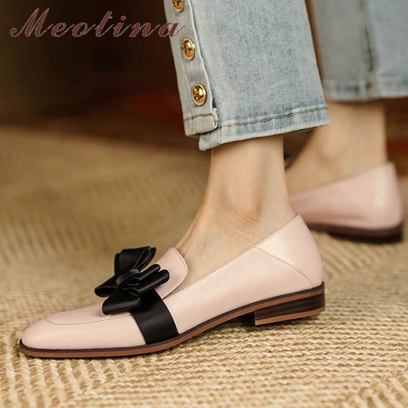 

Meotina Women Natural Genuine Leather Loafers Shoes Square Toe Flat Shoes Bow Fashion Ladies Footwear Spring Autumn Pink Black