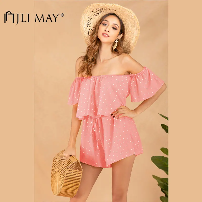 

JLI MAY Women Playsuits Casual Summer Polka Dot Slash Neck Backless Ruffles Lace Up High Waist Loose Playsuit