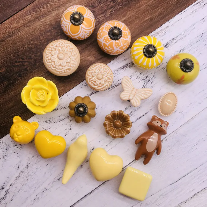 Яркие желтые керамические дверные ручки разные узоры кухонная ручка для шкафа