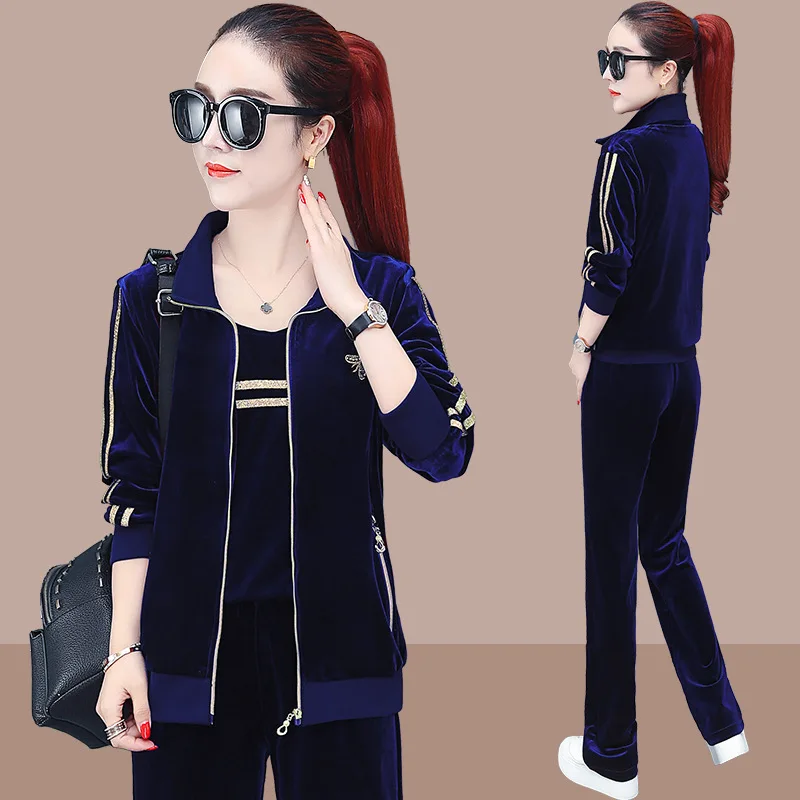 Осенний и зимний Золотой Бархатный спортивный костюм женский среднего возраста