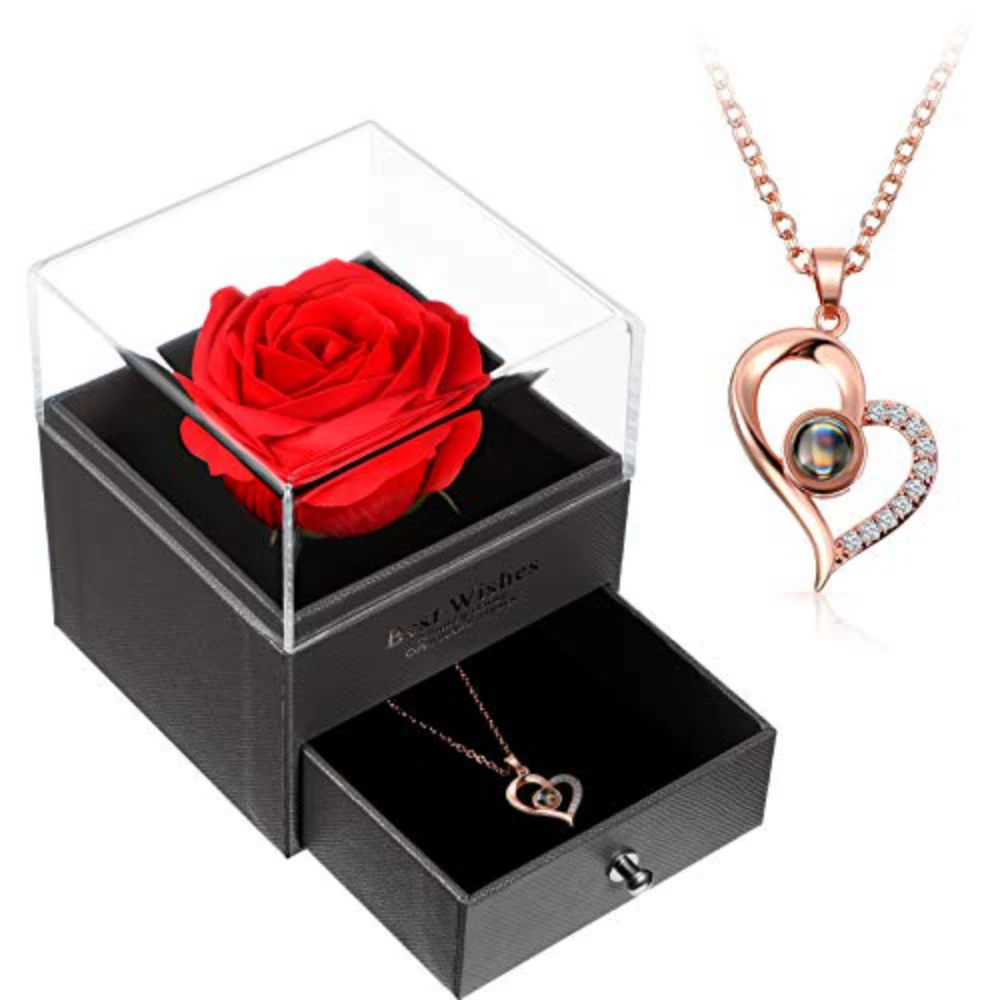

Unfade Flower Rose Jewelry Box With Surprise 100 Languages I Love You Necklace Girlfriend Romantic Gift For Valentine's Day