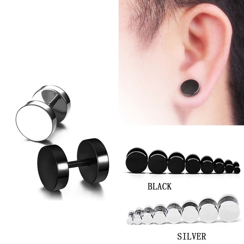 

1 Piece Stainless Steel Punk Black Barbell Ear Studs Men's Goth Round Screw-back Cool Stud Earrings Hip hop Piercing Jewelry