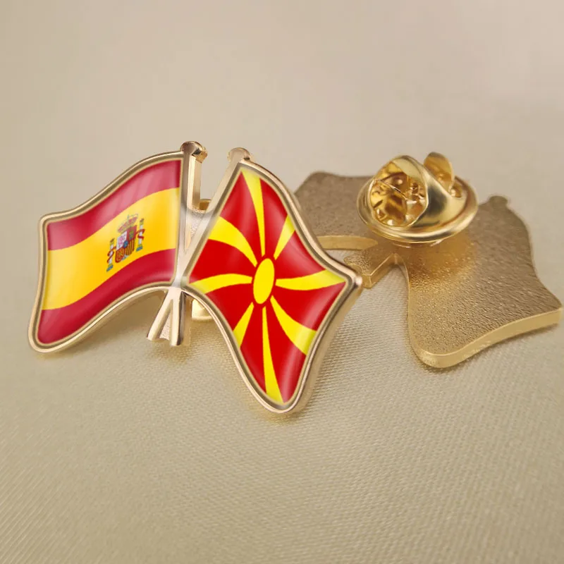 

Spain and Macedonia Crossed Double Friendship Flags Lapel Pins Brooch Badges