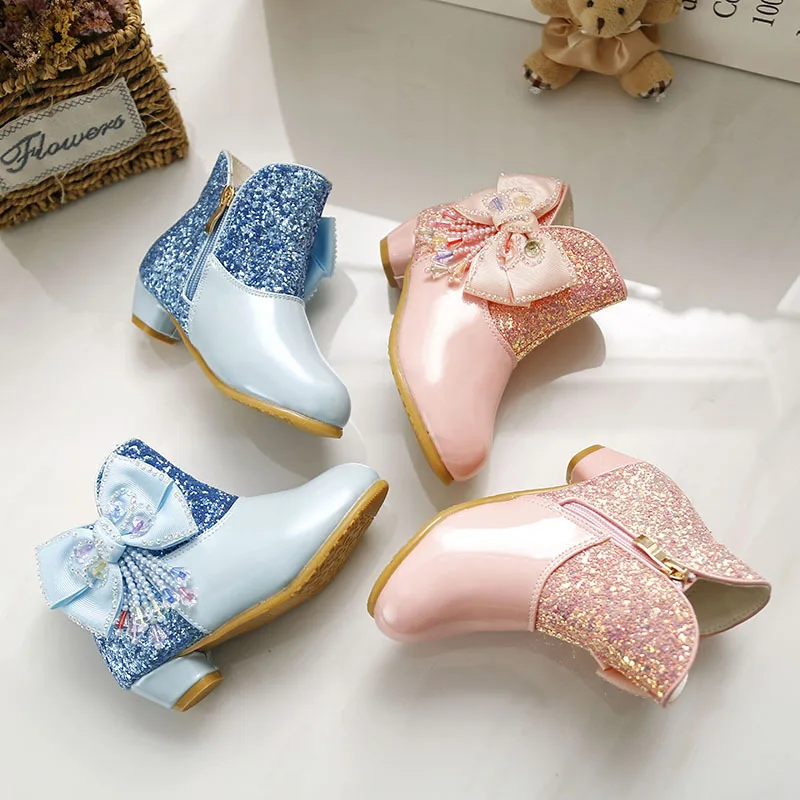 

Girls Boots Sweet Kids Winter Cotton Boots Weit Low Heel Fashion Pointed Toe Girls Short Boots with Bow SWF005