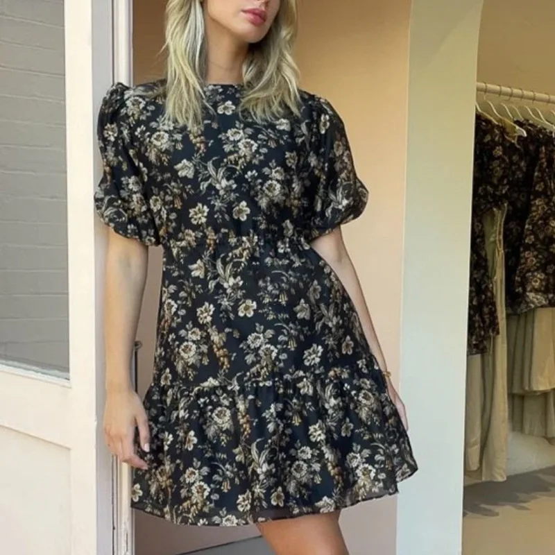 

HIGH QUALITY 2021 Summer Newest Women's Fashion O'Neck Slim Short Puff Sleeve Sexy Backless Floral Print Mini Dress