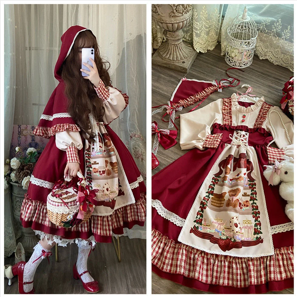 

Christmas Lolita Dress Girl Costume Little Red Riding Hood Red Cape Girl Op Long Sleeve Dress Fairy Kei Vestidos