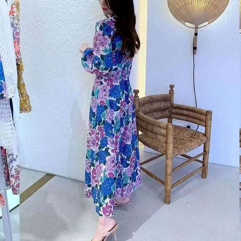 

V-Neck Charming Floral Print Vintage Buttons Front Long Maxi Dress New 2021 Spring Long Dress High Quality Wedding Party Women