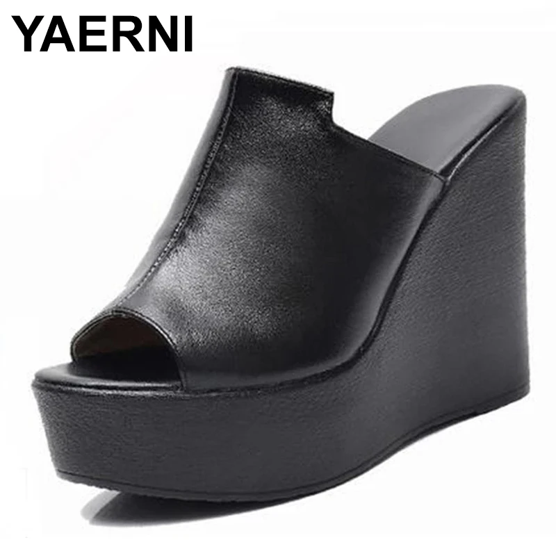 

YAERNI HOT New Summer Fish Mouth Sandals Women Slippers Platform Shoes Wedges Slippers Genuine Leather Super High-heeled Sandal