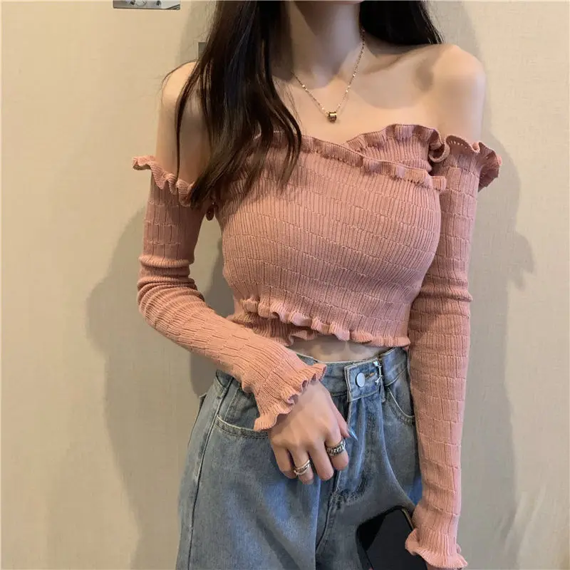 

cropped bare midriff new fashion girl summer knitted pullover slim short cardigan women clothing crop tops off shoulder