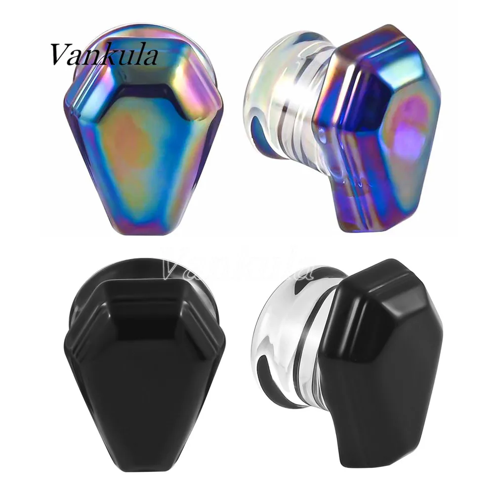 Vankula 2pcs New Fashion Rainbow Black Coffin Glass Ear Plugs Tunnels  Ear Expander Gauges Piercing Body Jewelry Stretching