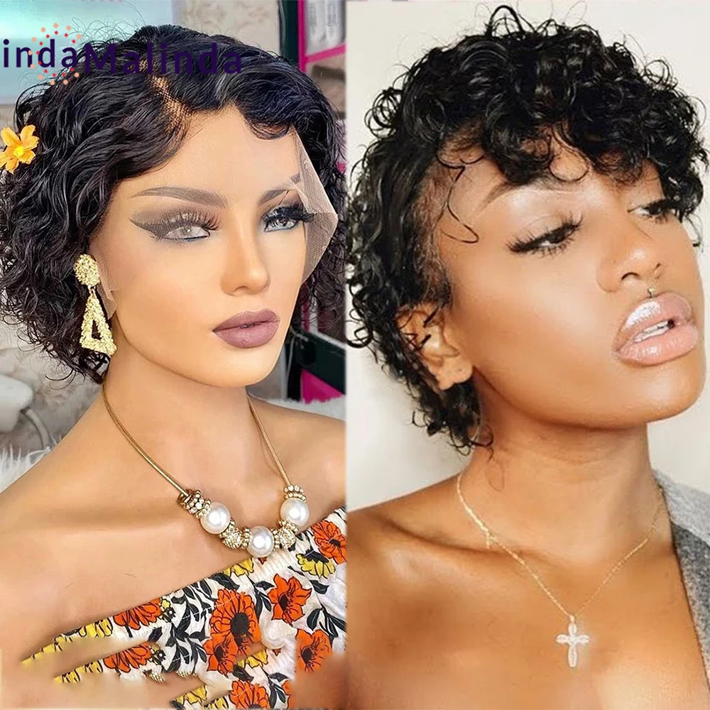 13x4 Curly Bob Lace Front Wig With Bangs Wig Short Bob For Black Women Kinky Curly Virgin Brazilian Pixie Cut Human Hair