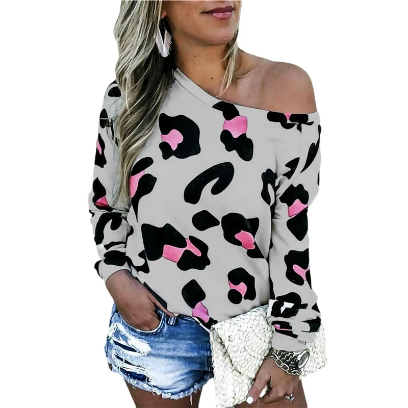 

2020 Women Leopard Shirts Oblique Shoulder Long Sleeve Color Block Tunics Printed Tops Casual Loose Ladies Blouses and Tops