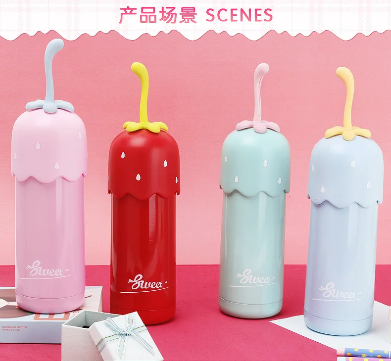 Дешевая Милая кружка клубника из нержавеющей стали вакуумная колба 320