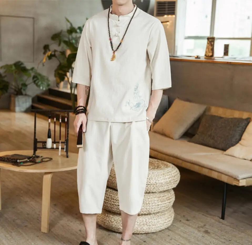 

Sinicism Store Summer Tracksuit Men Men Loose Embroidery Suit Sets Male Casual Pants Chinese Style Oversize T Shirt