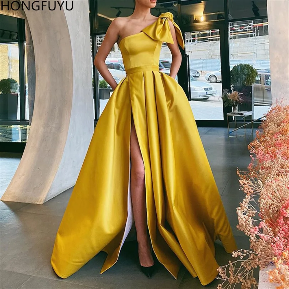 

HONGFUYU Elegant One Shoulder Evening Dress robe de soiree Satin Side Slit vestidos de fiesta de noche Prom Dresses With Pockets