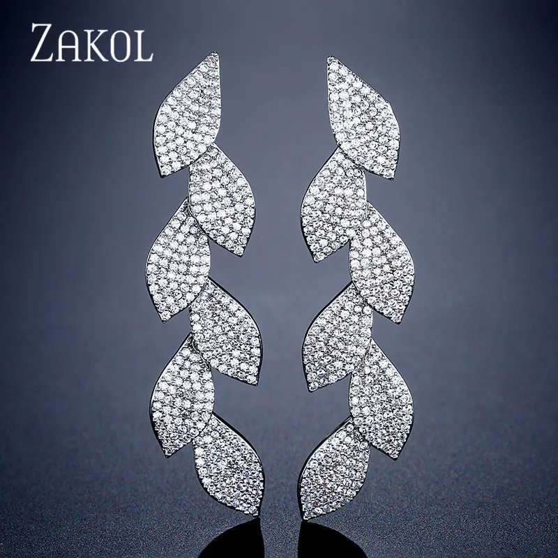 ZAKOL микро инкрустированные фианиты листья длинные висячие серьги для женщин