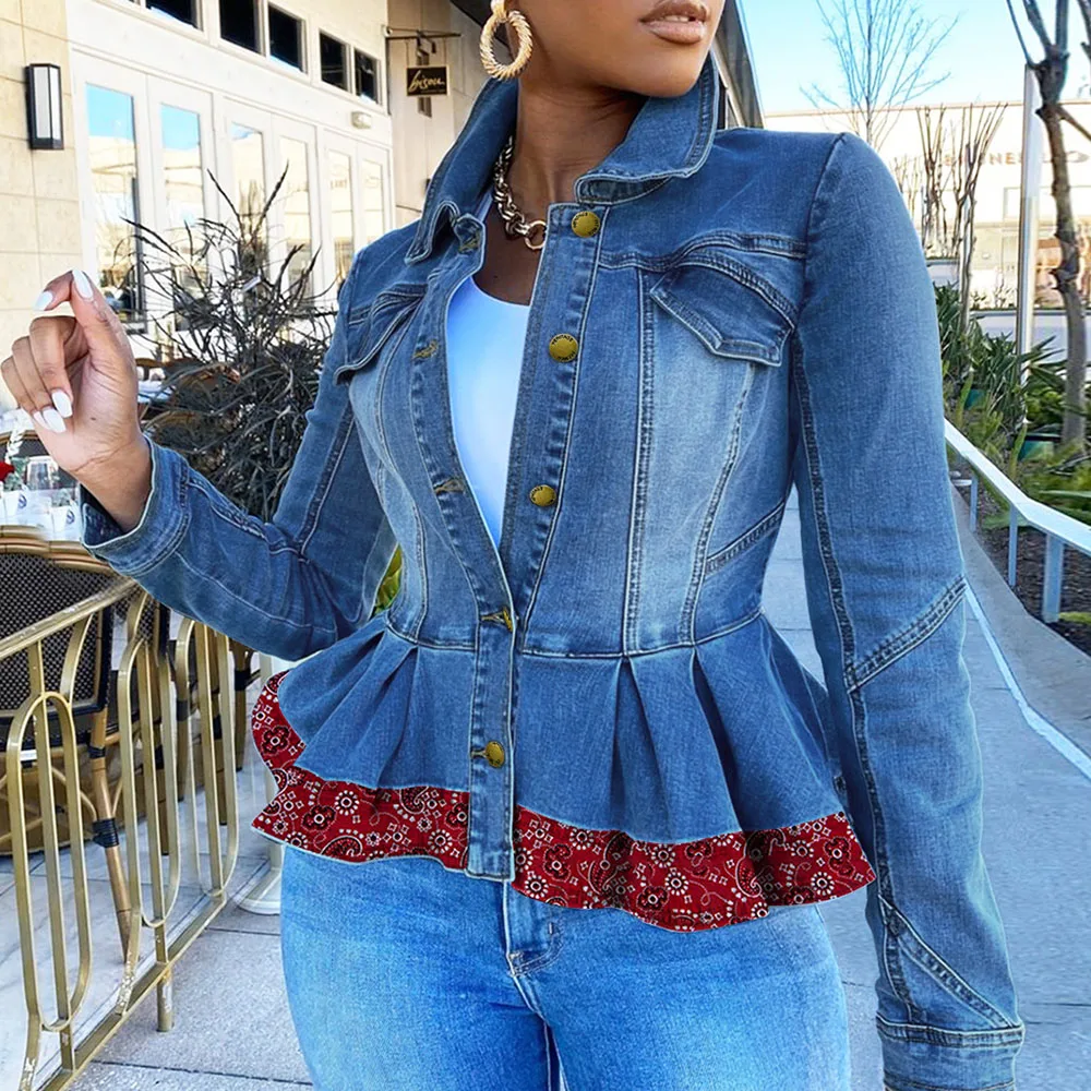 

2021 New Women Denim Jacket Ruffle Splicing Single Breasted Lapel Long Sleeve Autumn Winter Fashion Temperament Casual African