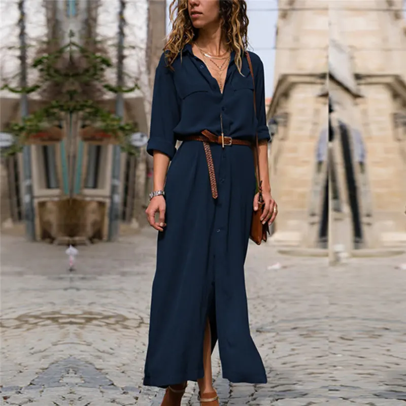 

Eleagnt Solid Color Spring Autumn Casual Shirt Dress Women Half Sleeve Turn Down Collar Long Dress Maxi Dresses For women