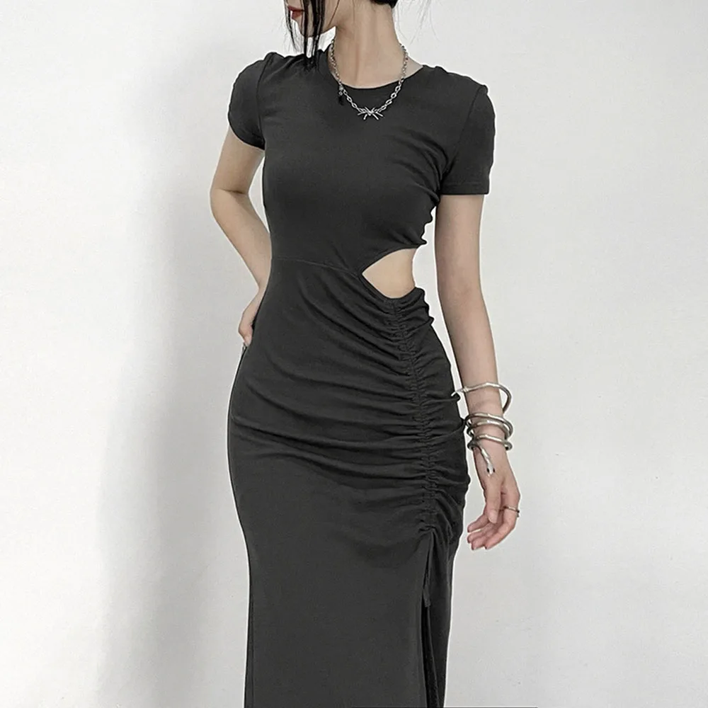 

High Street Fashion Sexy Shirring Split Fork Summer Women's Summer Design Hollow Out High Street Round Neck Casual 2021 Dress