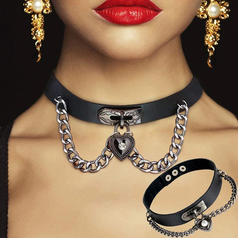 

Fashion Women Girls Punk Heart Dangle Pendant Choker Chain Goth Leather Necklace Collar Choker New Arrival Ras De Cou