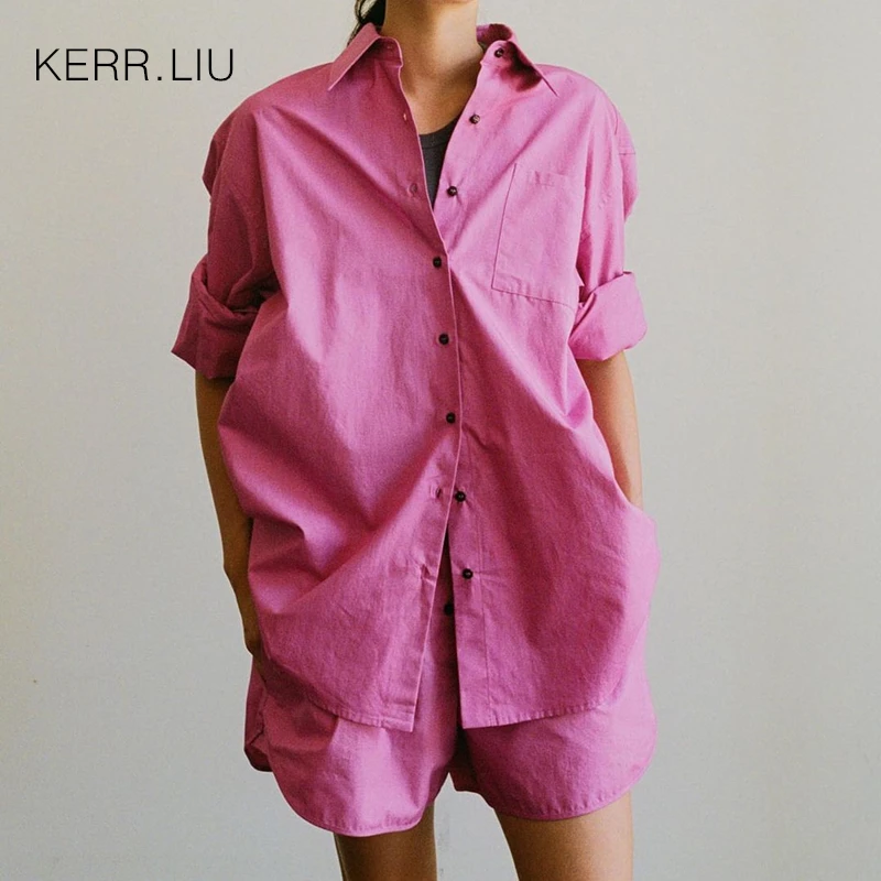 

Loung Wear Tracksuit Women Shorts Set Long Sleeve Shirt Tops And Loose High Waisted Mini Shorts cotton Two Piece Set blue pink