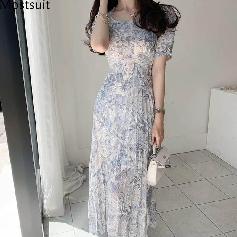 

2020 Summer Water-color Printed Korean Chiffon Long Dress Women Short Sleeve Square Collar Belted Pleated Elegant Dresses Femme