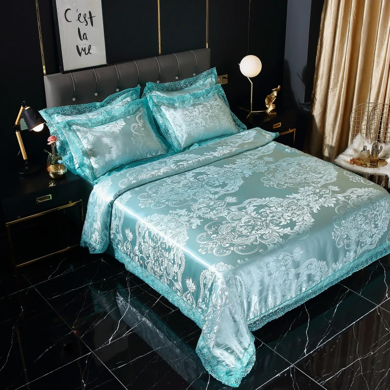 

CHICIEVE Fashion Silk Style Satin Jacquard A-B Side Luxury Ice Blue Home Bedding Set Quilt Cover Sheet Pillowcase Stripes Plaid