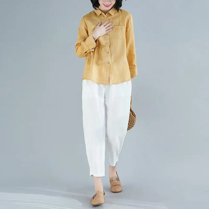 

MISSKY Women's Blouse Spring Summer Cotton and Linen Solid Color Large Size Long-sleeve Shirt Female Tops New