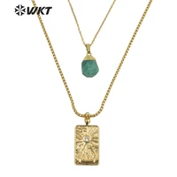 wt n1280 wkt unique design double layer chocker chain necklace gold electroplated square medal coin stone necklace